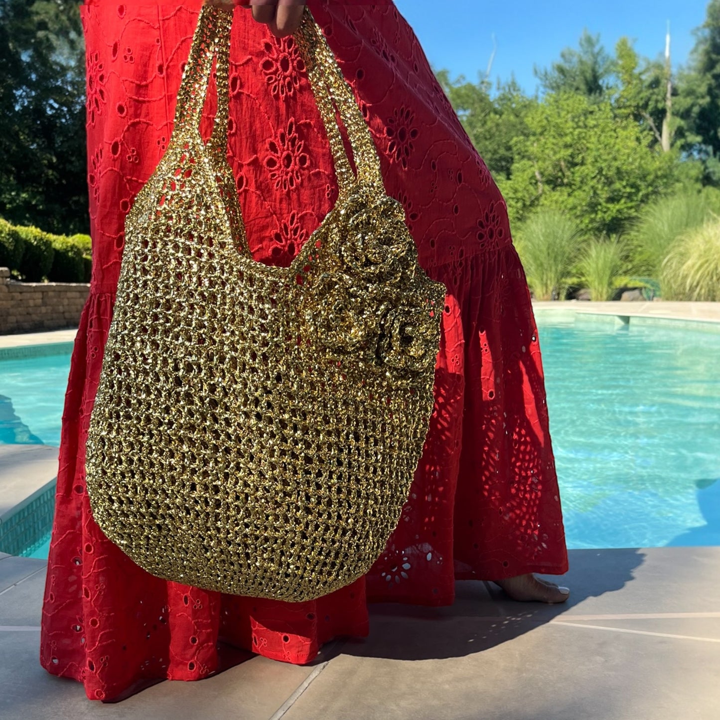 Metallic Raffia Rosette Tote Bag