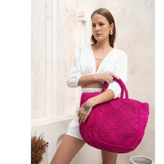 Nico Raffia Tote Bag - Fuchsia