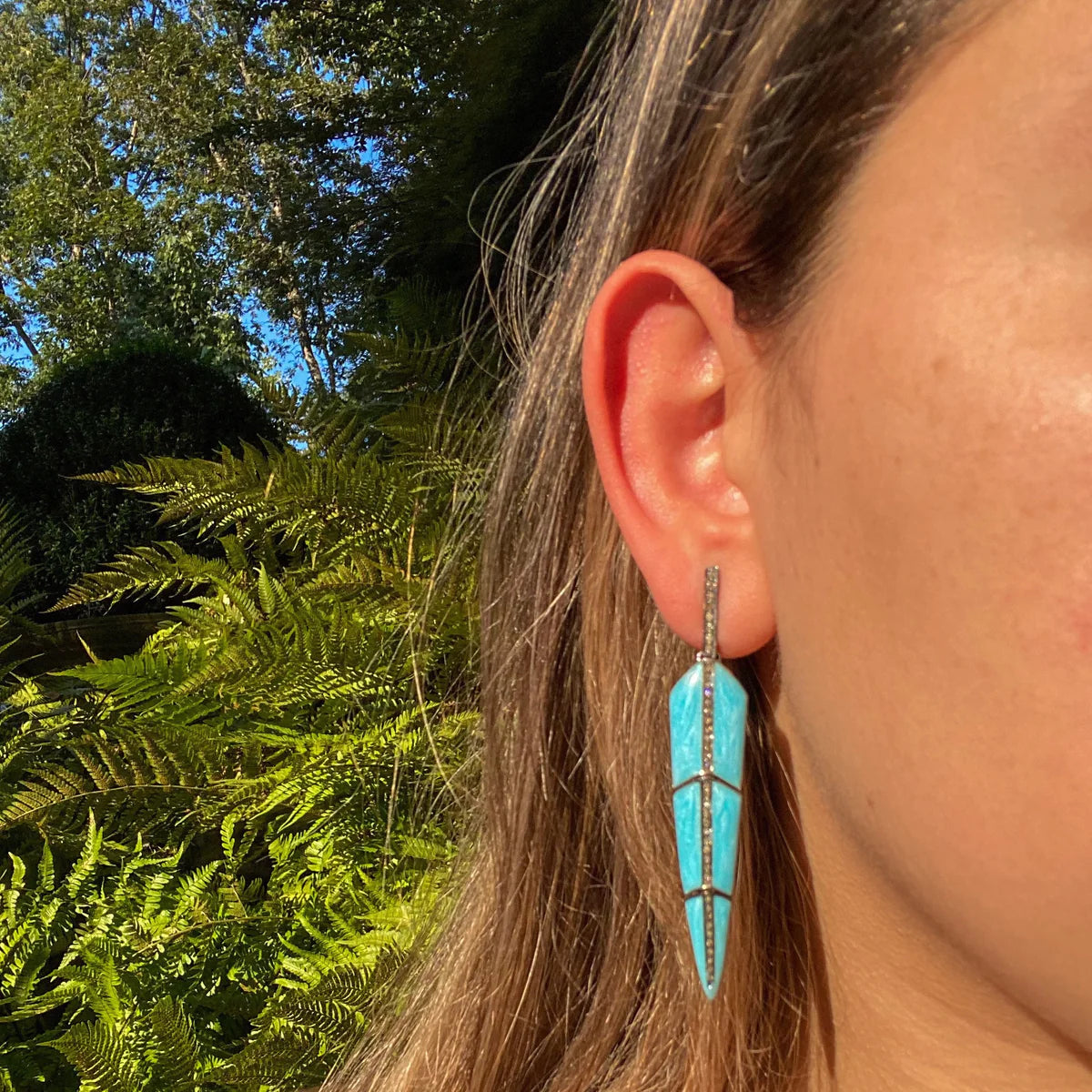 Pearl Turquoise Enamel Feather Earrings (2 Sizes)