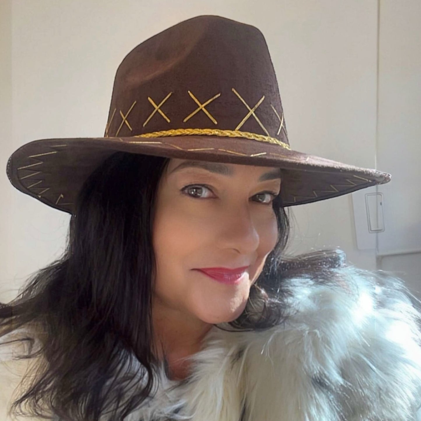Rancho Vegan Suede Wide Brim Fedora in Chocolate + Metallic Gold