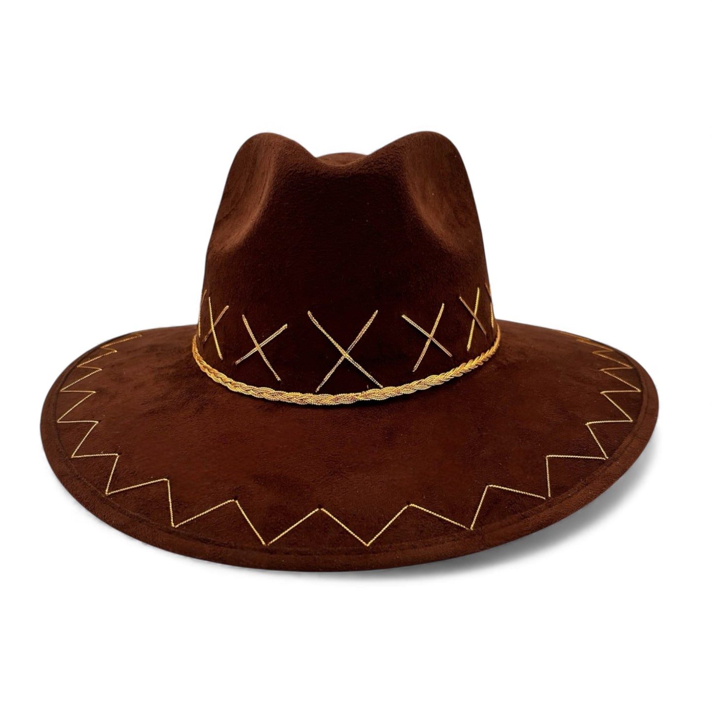 Rancho Vegan Suede Wide Brim Fedora in Chocolate + Metallic Gold
