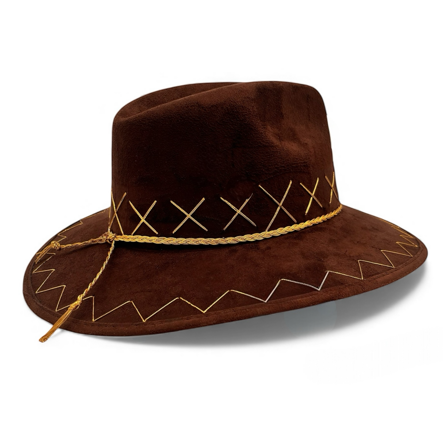 Rancho Vegan Suede Wide Brim Fedora in Chocolate + Metallic Gold
