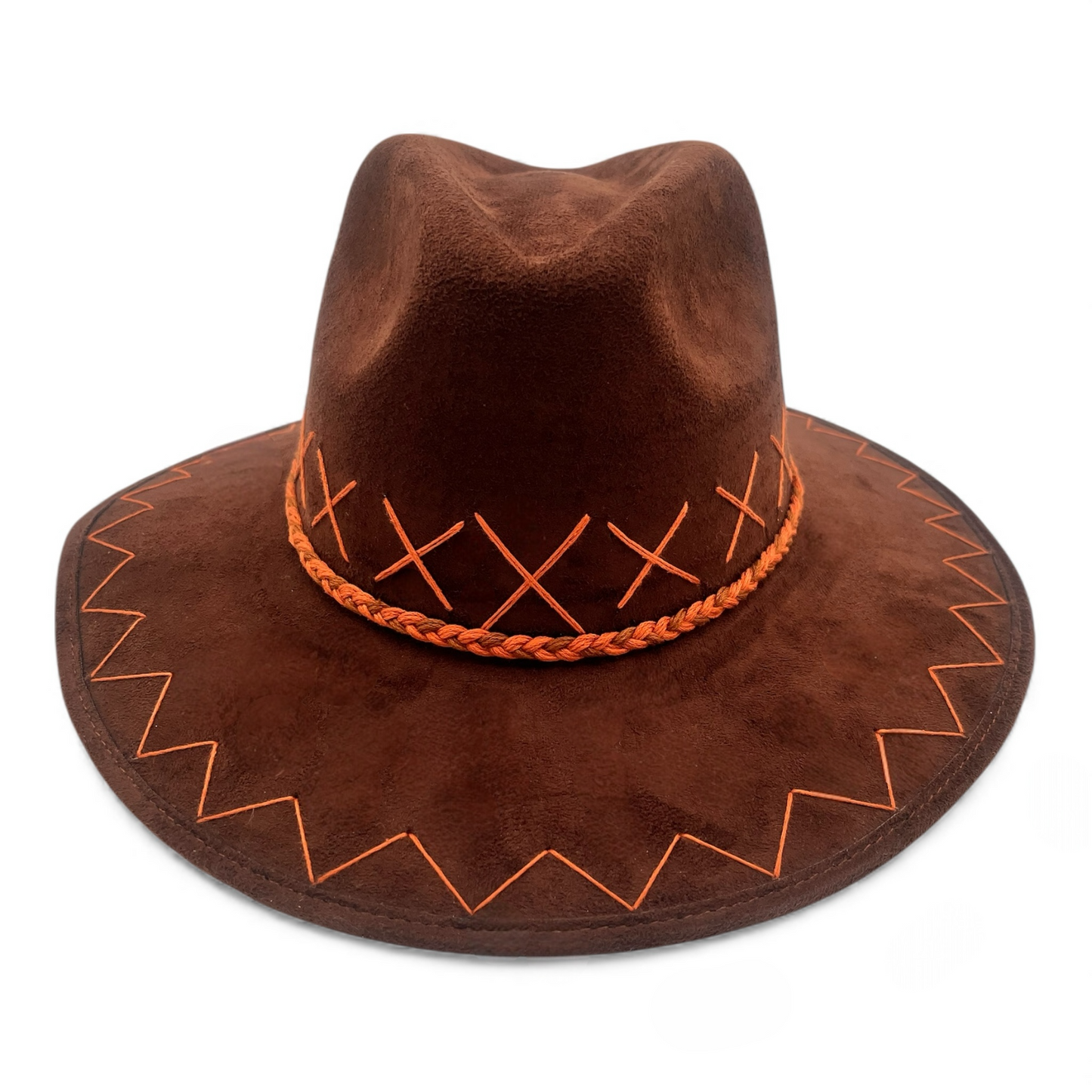 Rancho Vegan Suede Wide Brim Fedora in Chocolate Brown + Rust