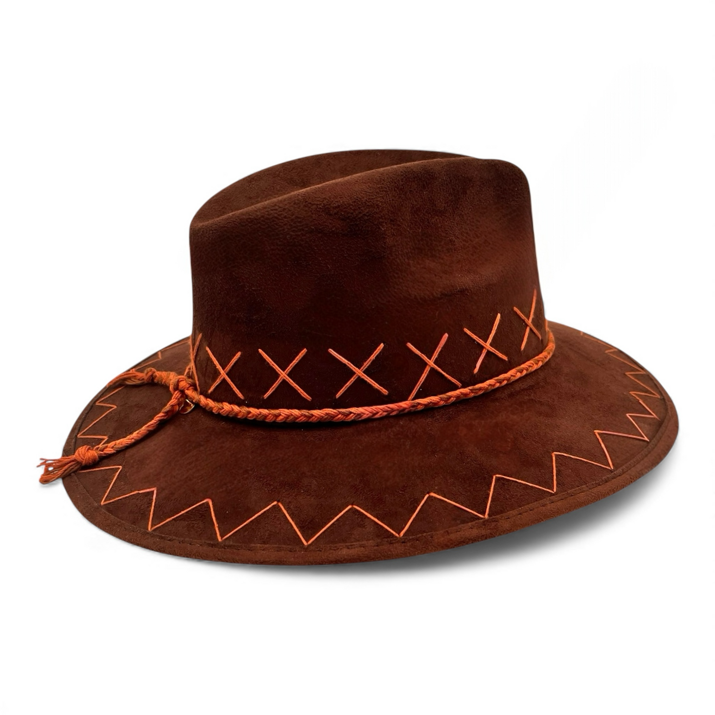 Rancho Vegan Suede Wide Brim Fedora in Chocolate Brown + Rust