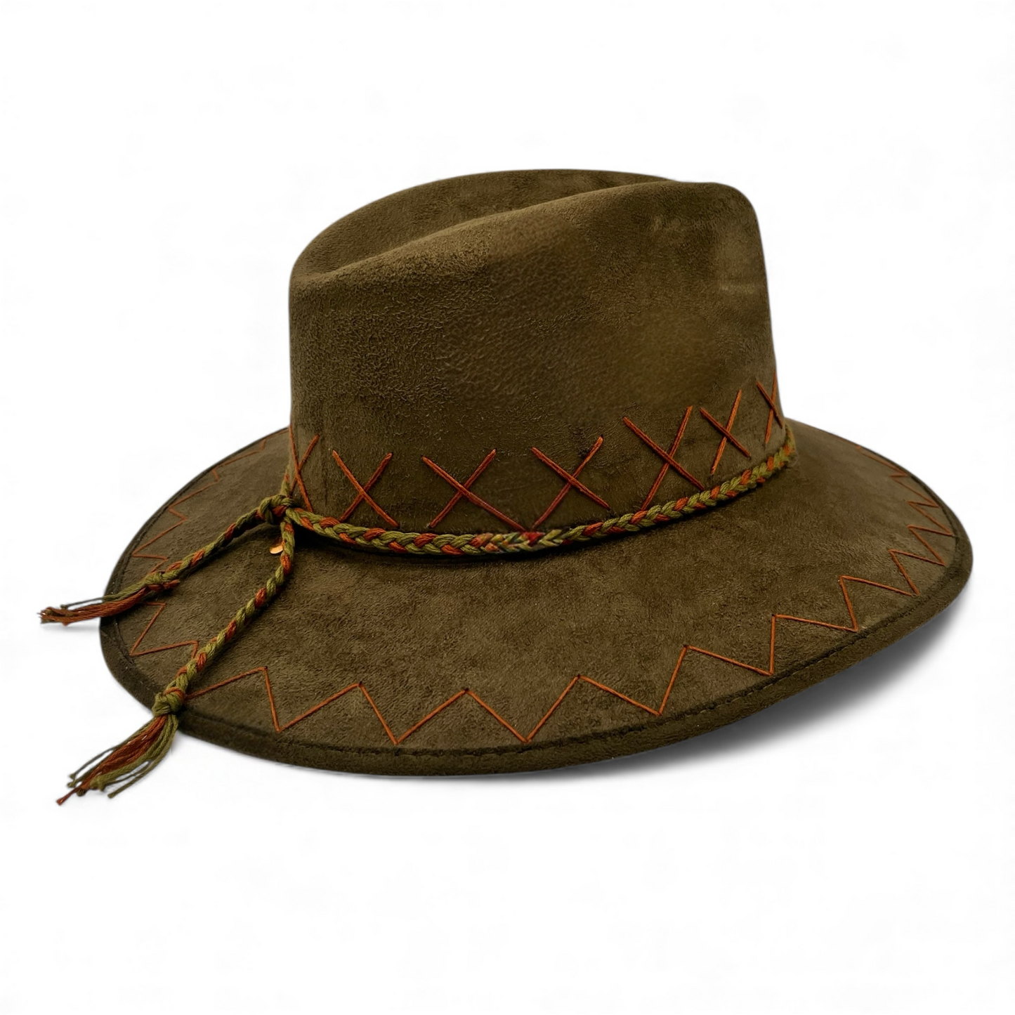Rancho Vegan Suede Wide Brim Fedora in Olive Green