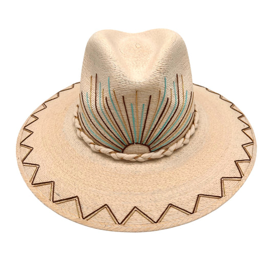 Ray of Light Palm Leaf Hat (Turquoise-Brown-Metallic Gold-Curved Brim)