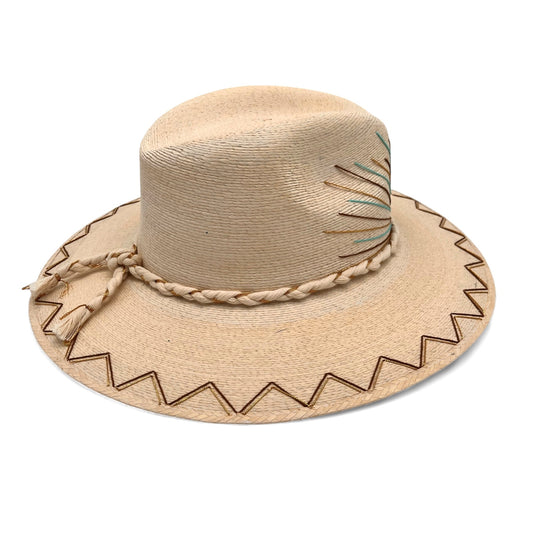 Ray of Light Palm Leaf Hat (Turquoise-Brown-Metallic Gold-Curved Brim)