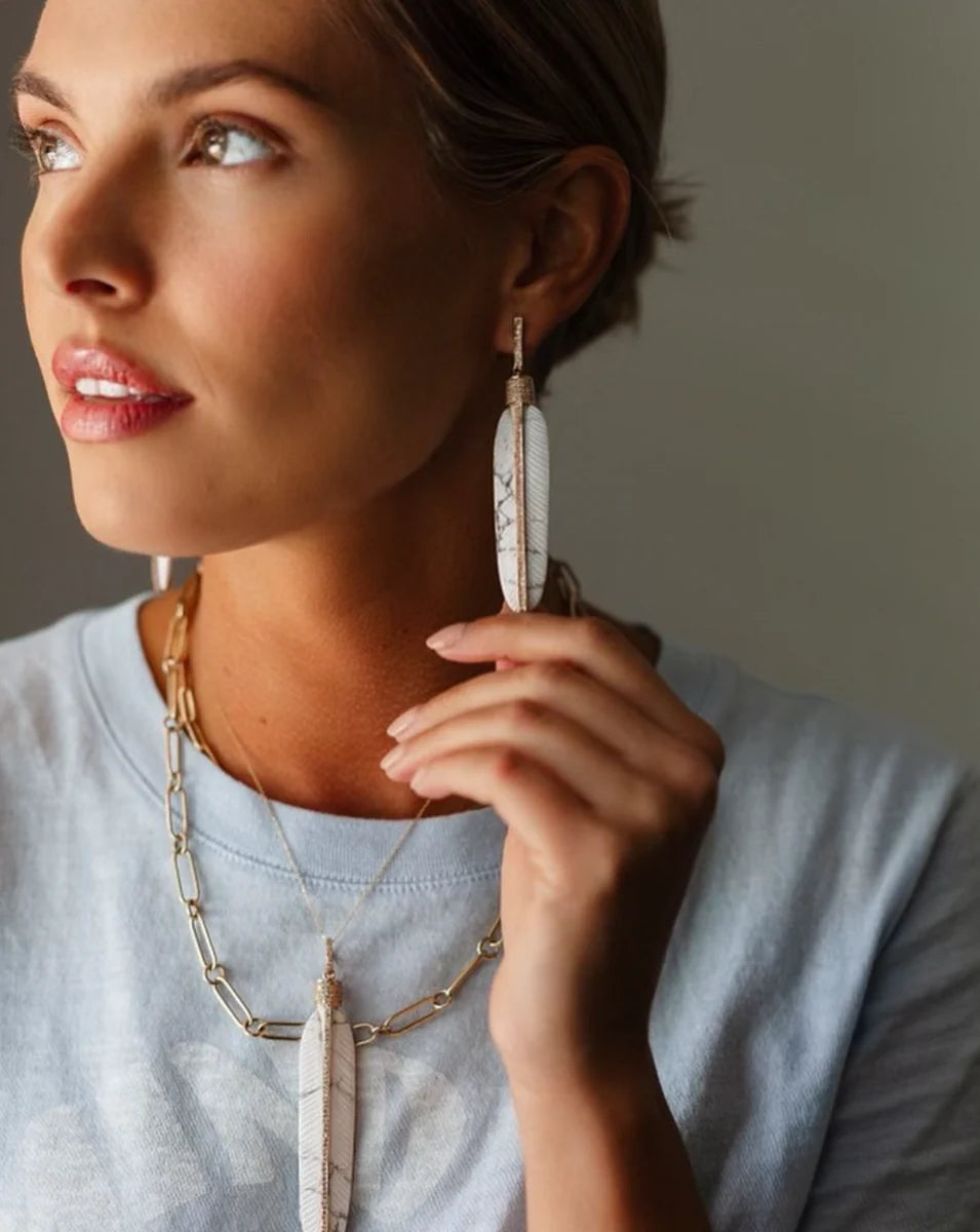 14K Carved Howlite Feather Earrings