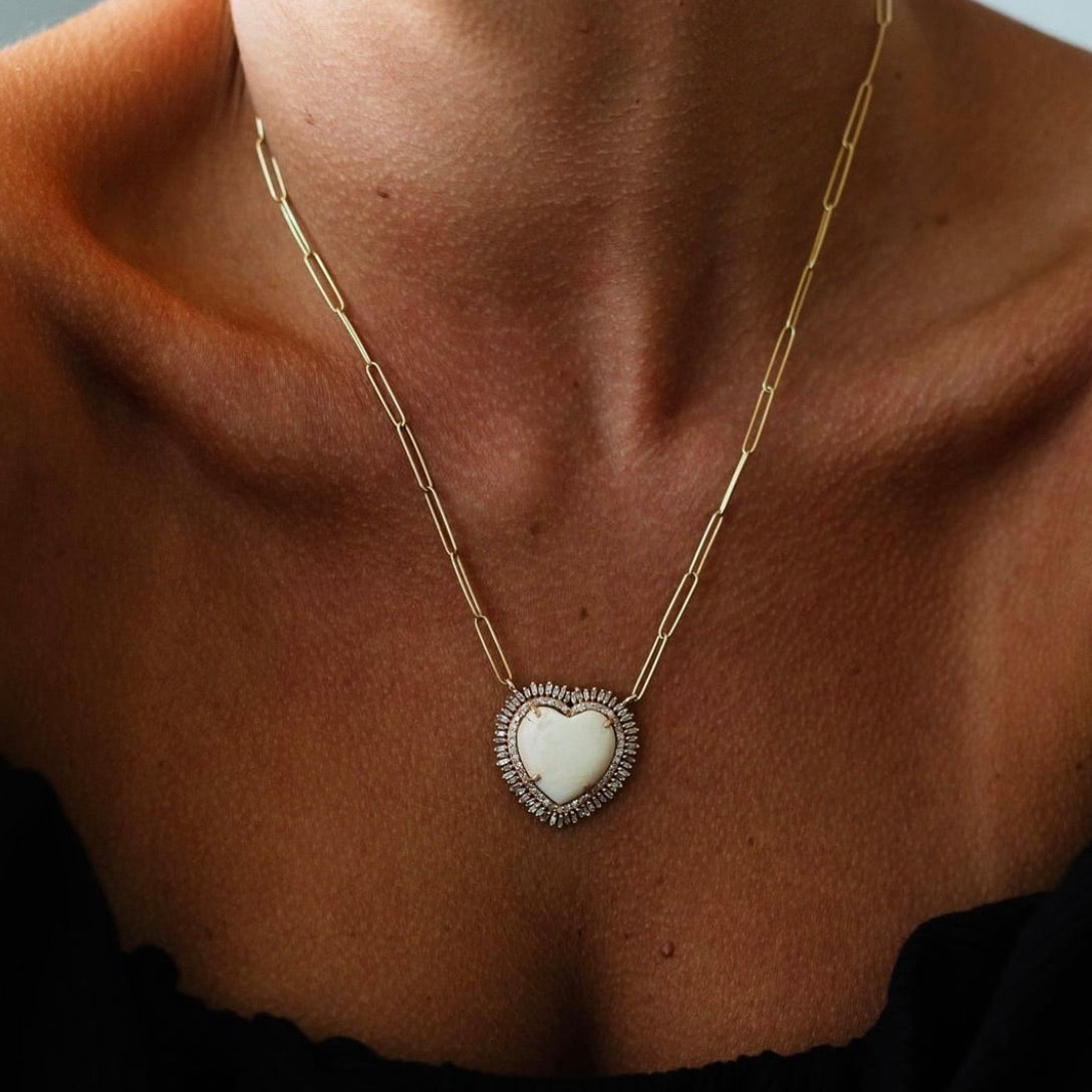 14K Baguette Walrus Tusk Heart Charm Necklace