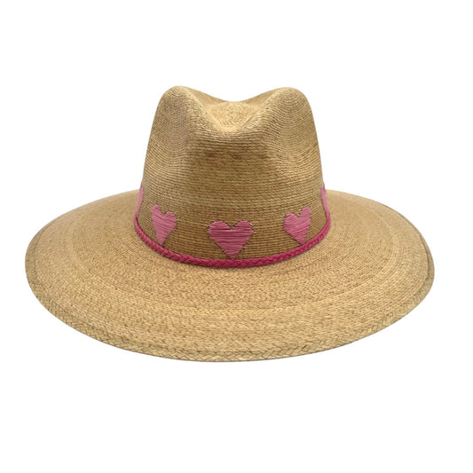 Sea Lovée Palm Leaf Hat (Tan with Bright Pink Hearts)