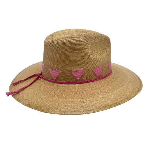 Sea Lovée Palm Leaf Hat (Tan with Bright Pink Hearts)