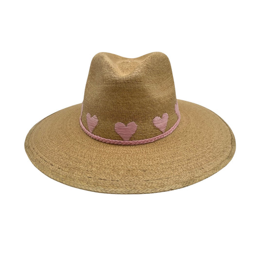 Sea Lovée Palm Leaf Hat (Tan with Pale Pink Hearts)