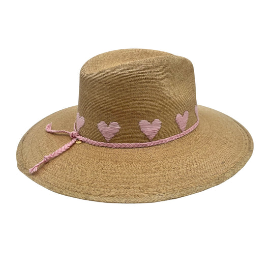 Sea Lovée Palm Leaf Hat (Tan with Pale Pink Hearts)