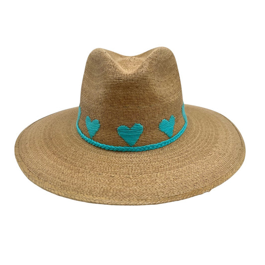 Sea Lovée Palm Leaf Hat (Tan with Turquoise Hearts)
