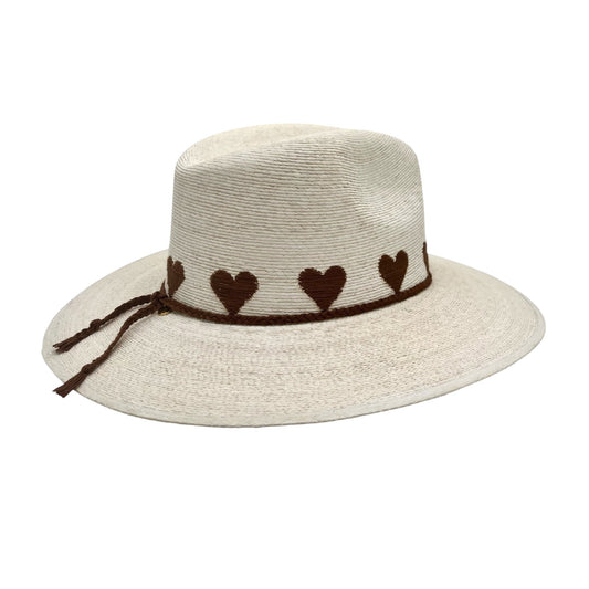 Sea Lovée Palm Leaf Hat (White with Chocolate Brown Hearts)