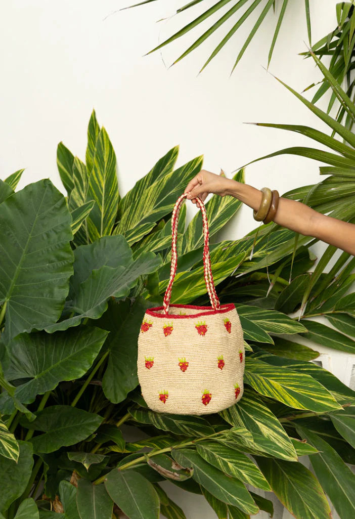 Strawberry Raffia Tote Basket