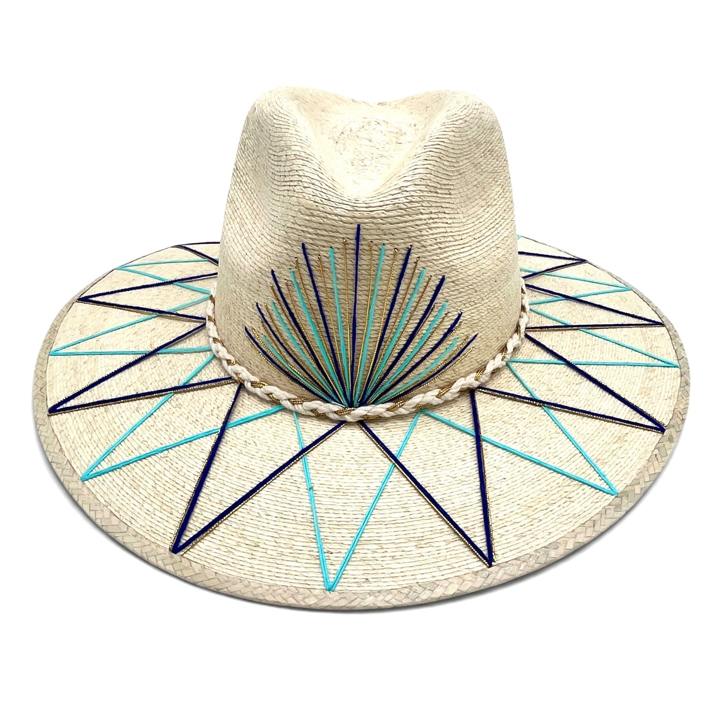 Sunrise Palm Leaf Hat (Natural with Bright Blue, Turq, Metallic Gold)