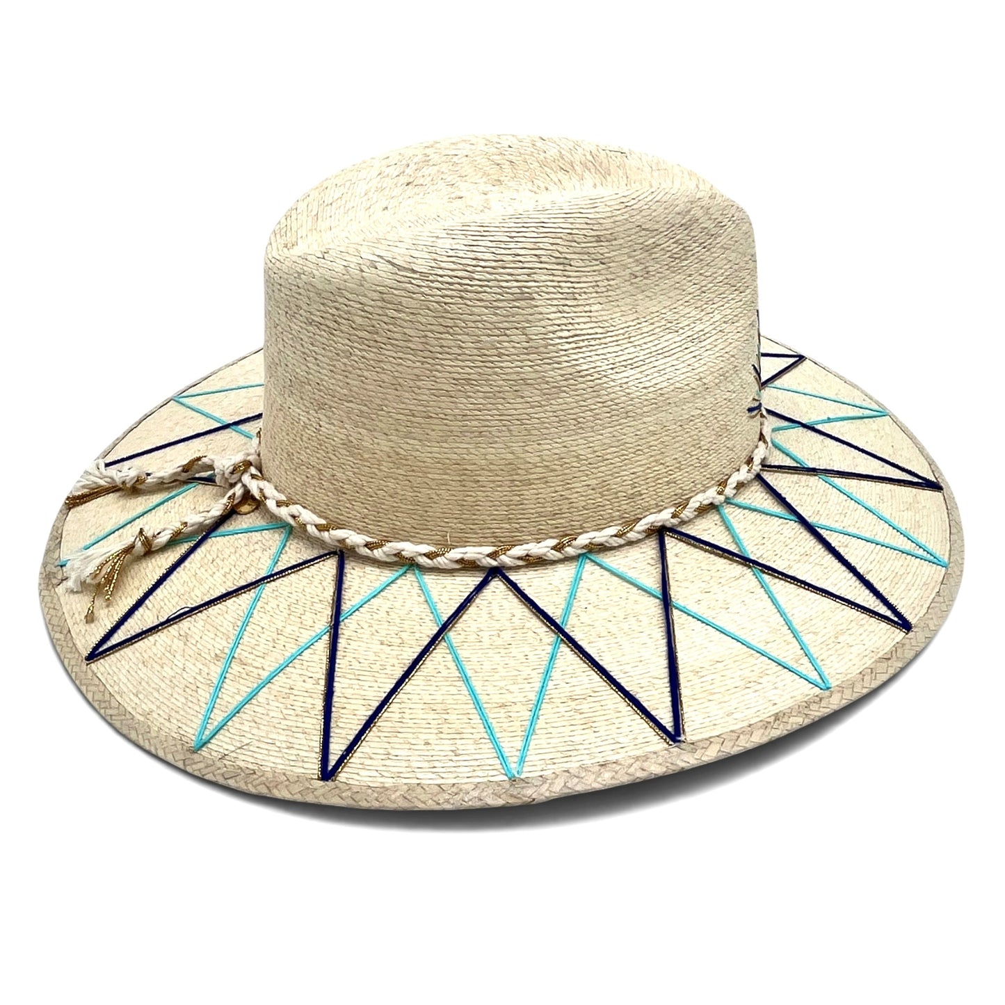 Sunrise Palm Leaf Hat (Natural with Bright Blue, Turq, Metallic Gold)