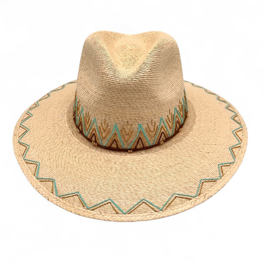 Zig Zag Palm Leaf Hat (Turquoise-Metallic Gold-Brown-Curved Brim)