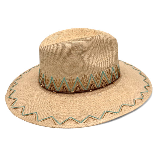 Zig Zag Palm Leaf Hat (Turquoise-Metallic Gold-Brown-Curved Brim)