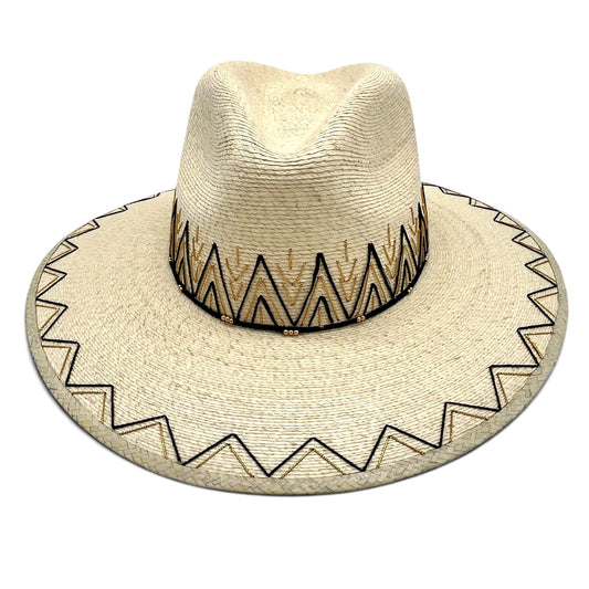 Zig Zag Palm Leaf Hat (Natural with Black, Metallic Gold)
