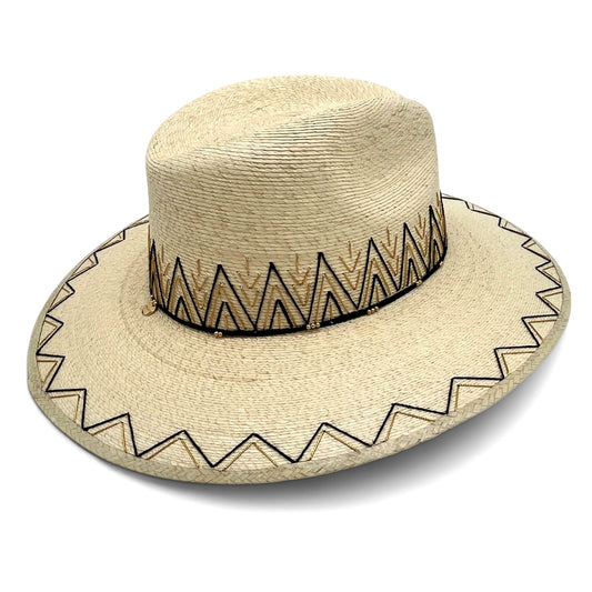 Zig Zag Palm Leaf Hat (Natural with Black, Metallic Gold)