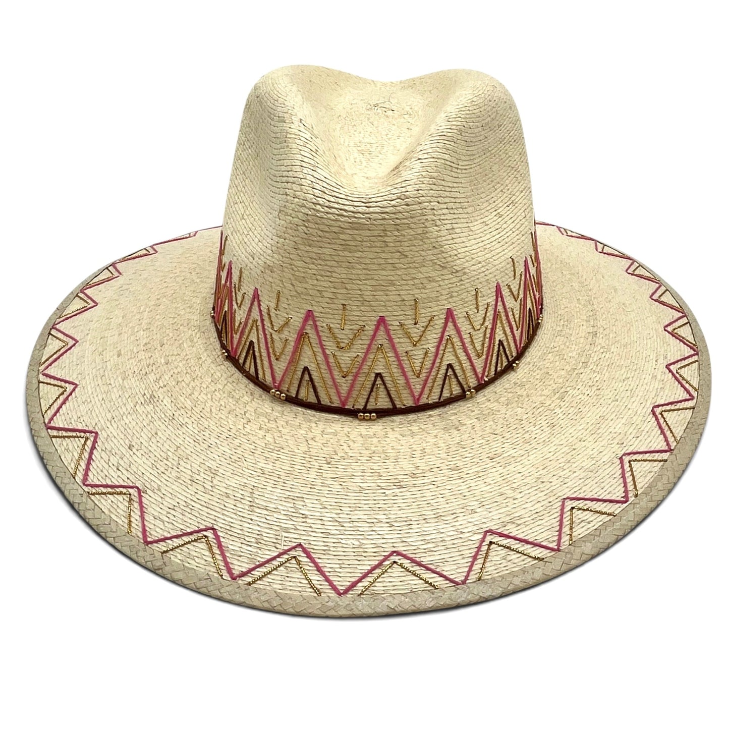 Zig Zag Palm Leaf Hat (Natural with Pink, Brown, Metallic Gold)