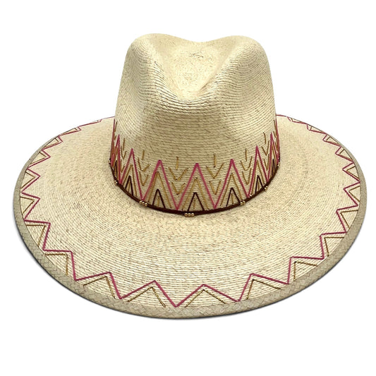 Zig Zag Palm Leaf Hat (Natural with Pink, Brown, Metallic Gold)