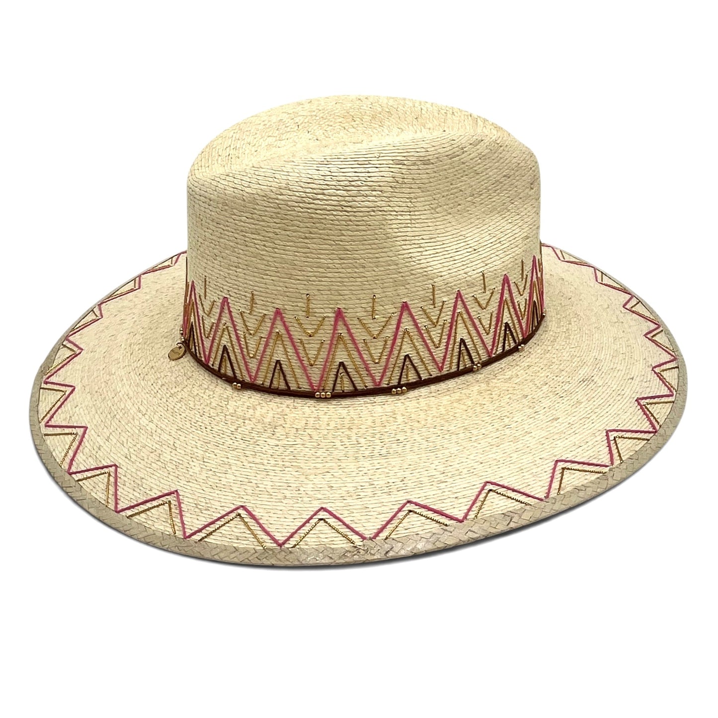 Zig Zag Palm Leaf Hat (Natural with Pink, Brown, Metallic Gold)