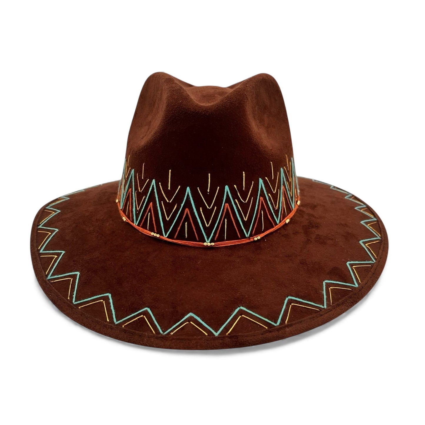 Zig Zag Vegan Suede Wide Brim Fedora in Chocolate + Turquoise