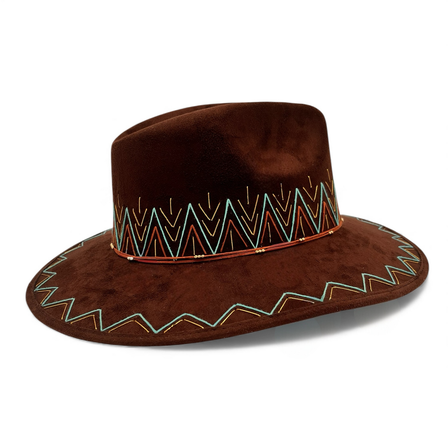 Zig Zag Vegan Suede Wide Brim Fedora in Chocolate + Turquoise