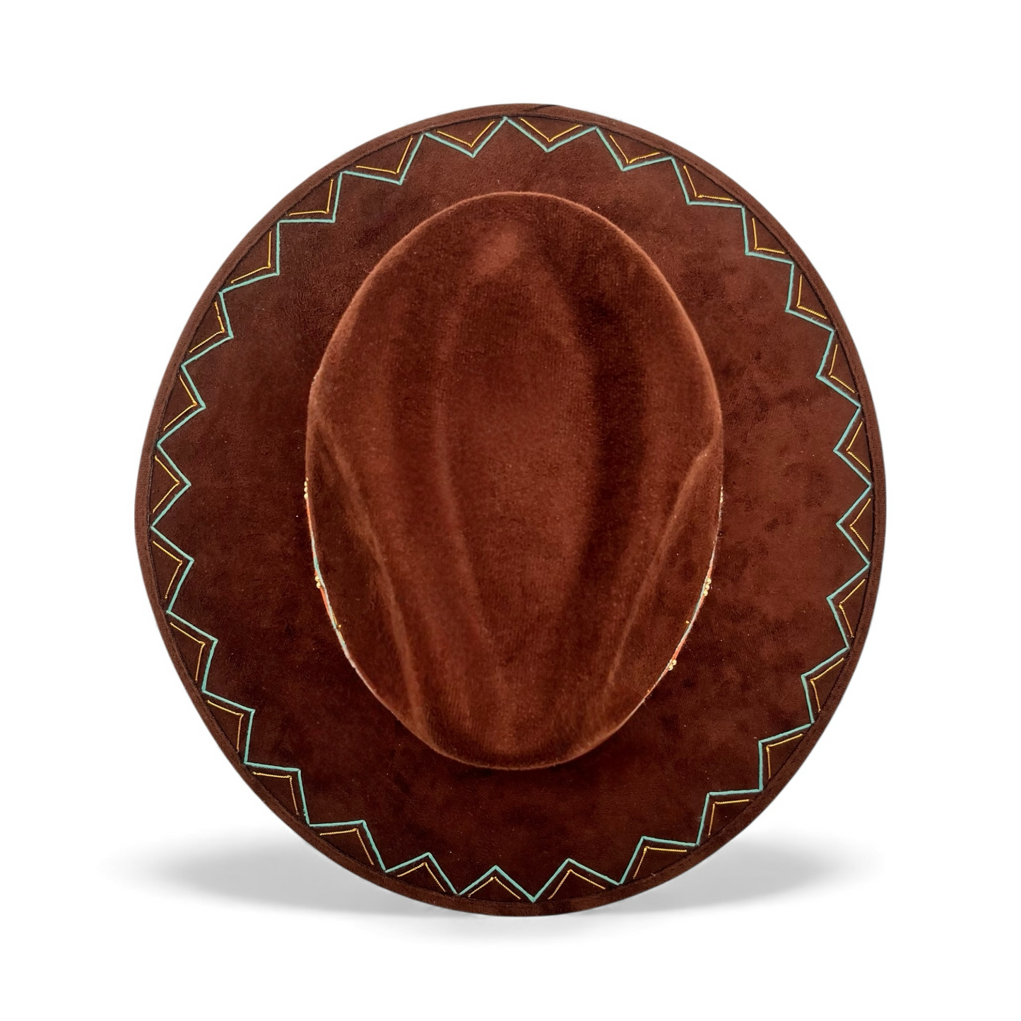 Zig Zag Vegan Suede Wide Brim Fedora in Chocolate + Turquoise