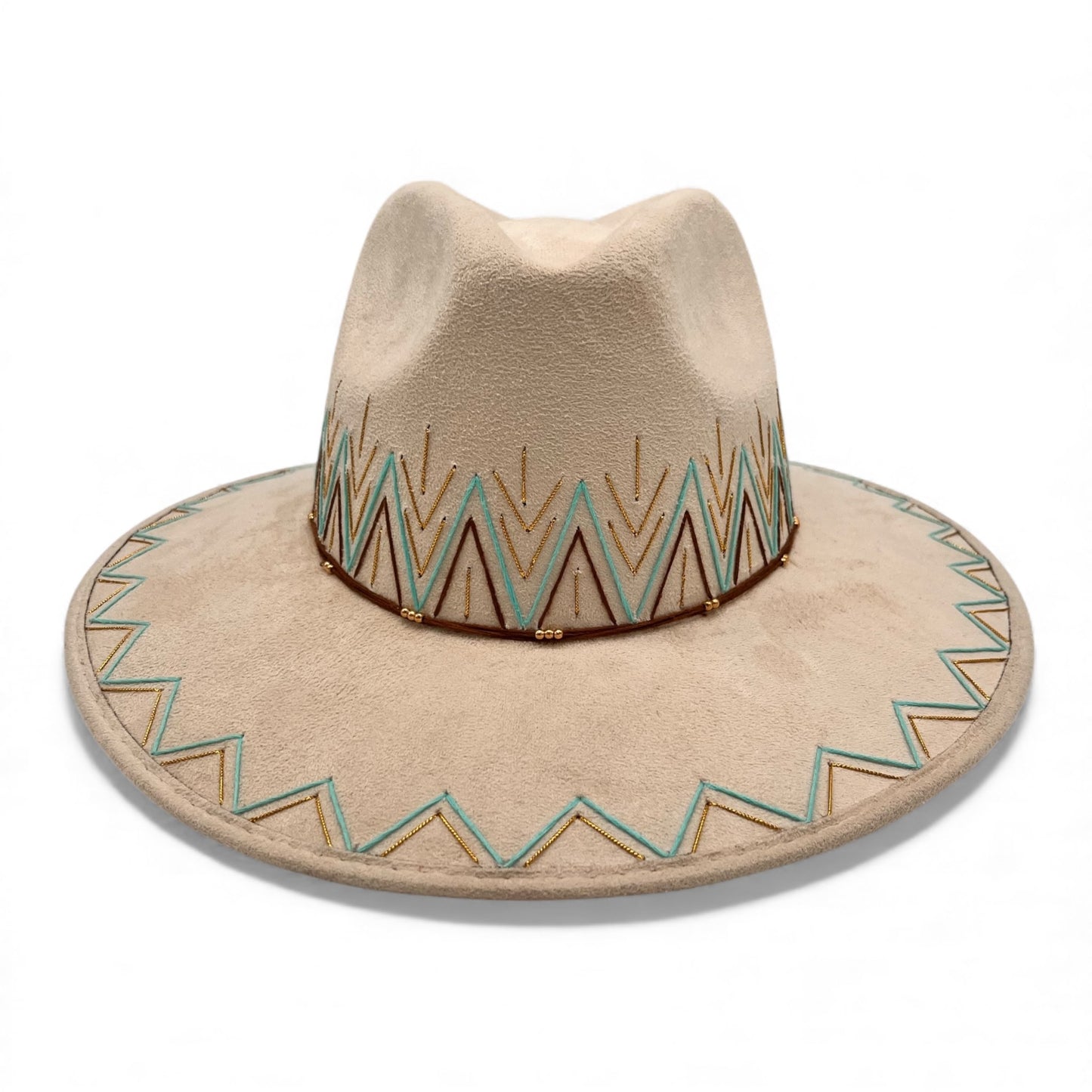 Zig Zag Vegan Suede Wide Brim Fedora in Ivory + Turquoise