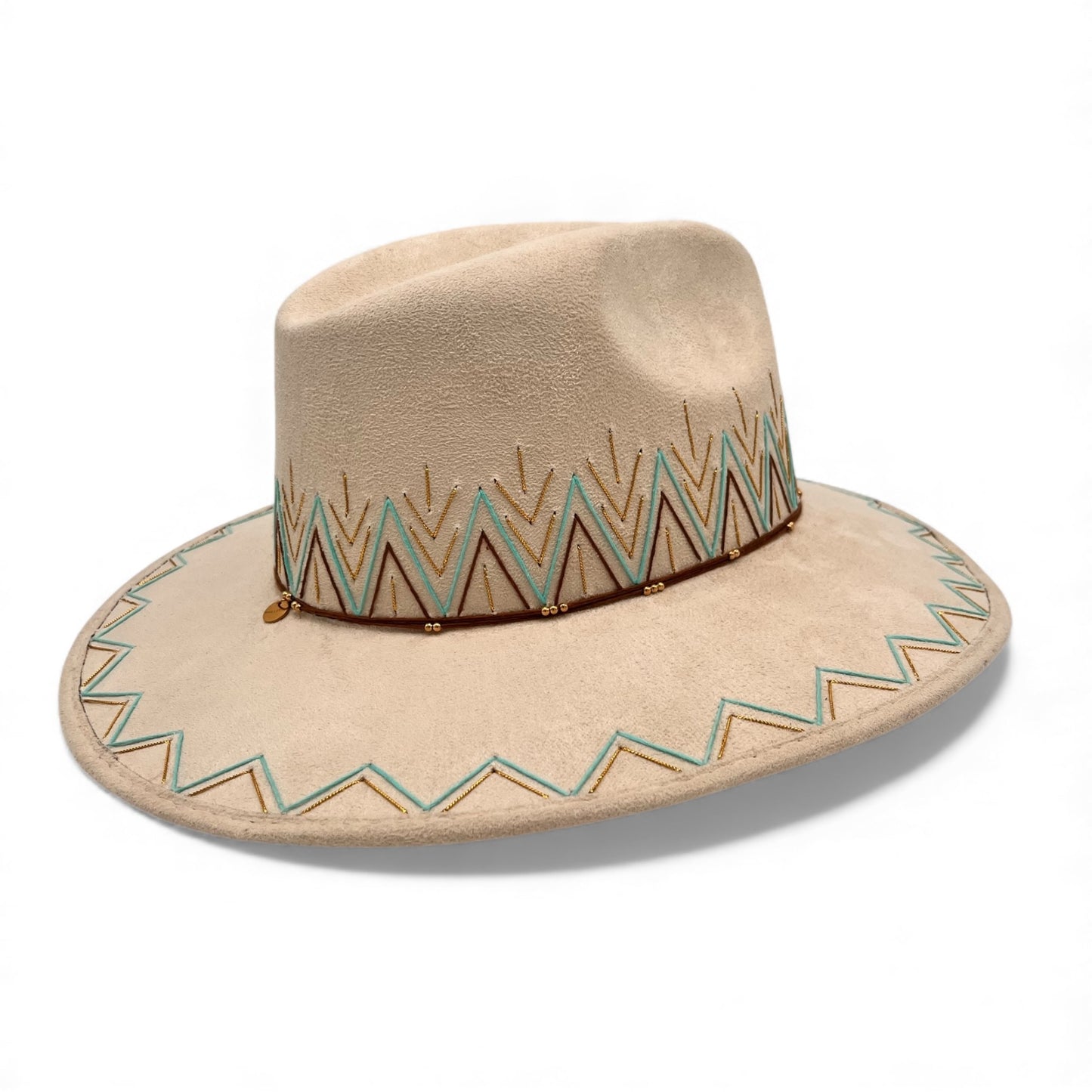 Zig Zag Vegan Suede Wide Brim Fedora in Ivory + Turquoise