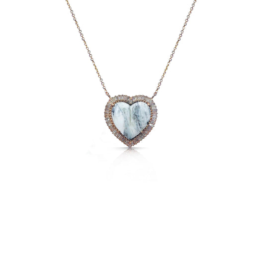 14k White Buffalo Baguette Heart Necklace