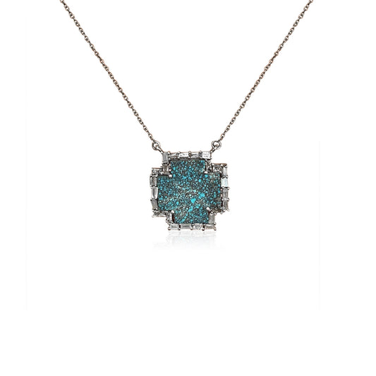 Mini Silver Dark Turquoise Cross Baguette Necklace