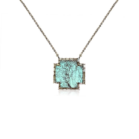 Small Silver Turquoise Cross Baguette Necklace